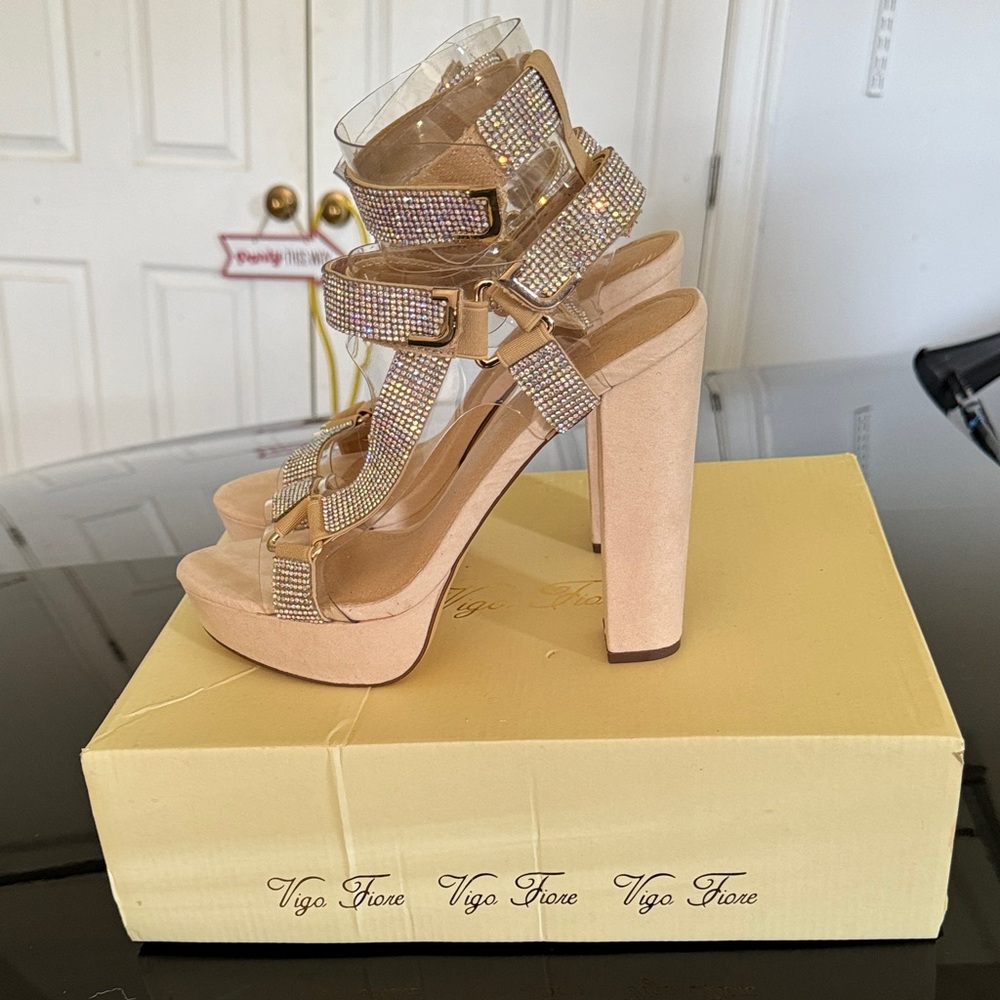 Chic Nude Rhinestone Platform Heels - Picture 5 of 6